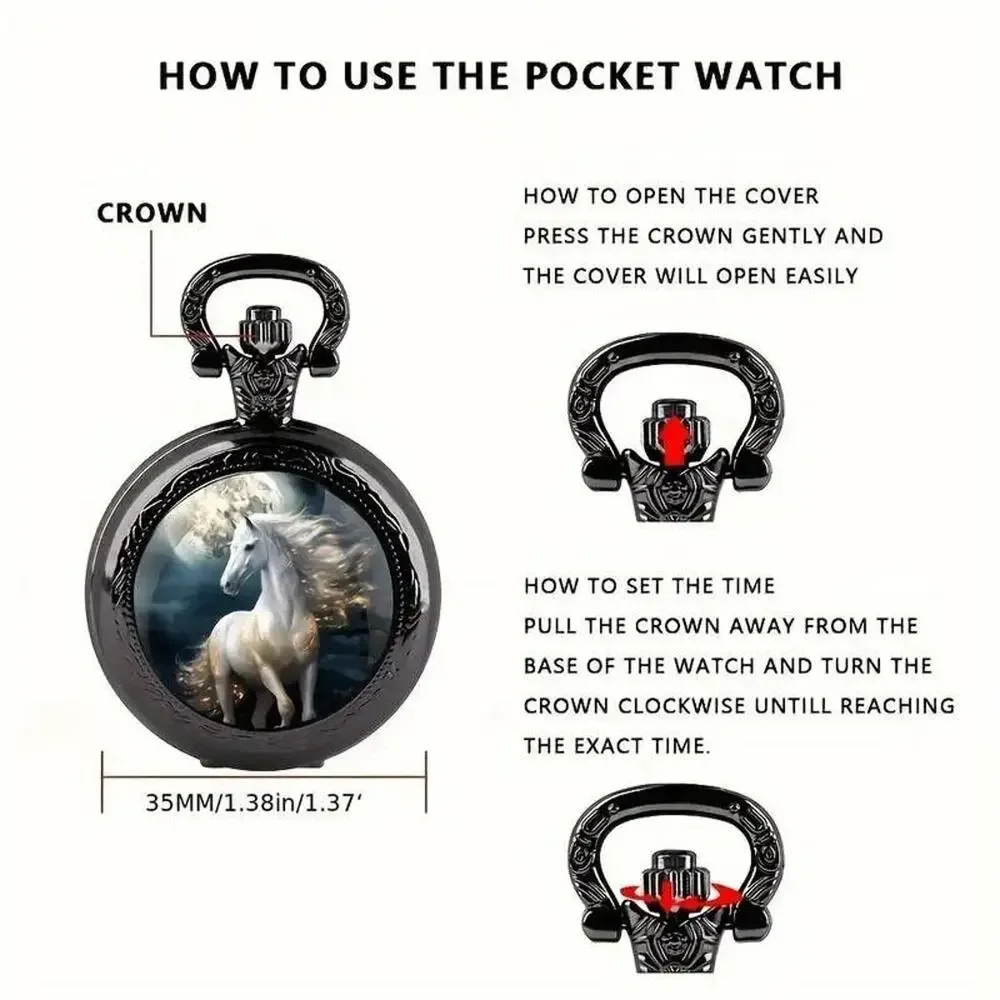 White Arab Horse Quartz Pocket Watch • Flowing Mane & Tail • Full Moon • Pendant